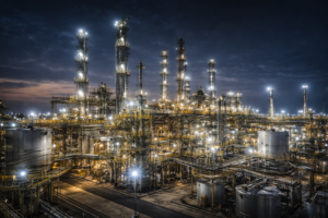Oil refinery at night with explosion-proof lighting illuminating process columns