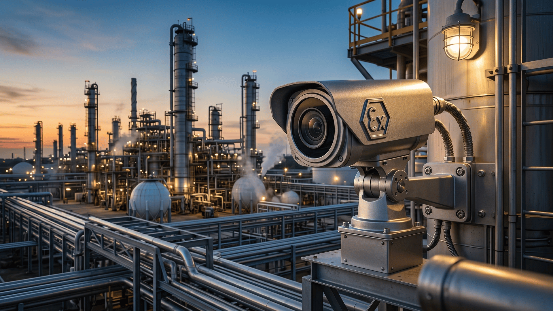explosion-proof camera with ATEX certification monitoring industrial work site at dusk